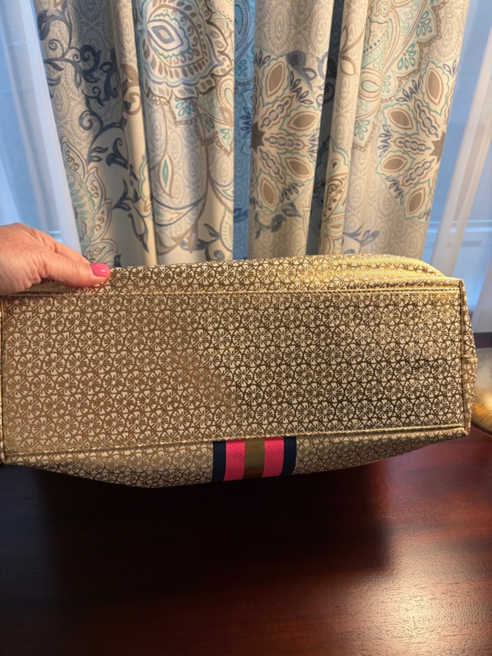 Lilly Pulitzer Gold Tote with Pink and Navy Center Stripe - Picture 6 of 6